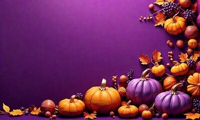 Naklejka na ściany i meble 3D style pumpkins and autumn fruits on purple background for thanksgiving day and halloween with space for copy created with generative ai