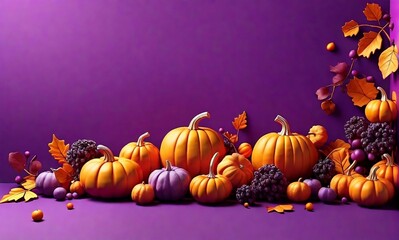 3D style pumpkins and autumn fruits on purple background for thanksgiving day and halloween with space for copy created with generative ai