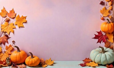 Naklejka na ściany i meble 3D style pumpkins and autumn fruits on pastel background for thanksgiving day and halloween with space for copy created with generative ai