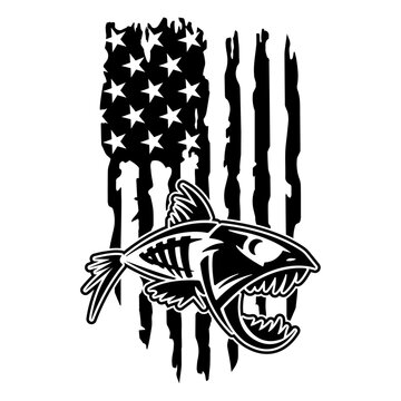 Angry Fish Silhouette, Angry Fish in USA Flag Distressed, Graphic Cut Files