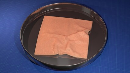 Bioprinted skin. Skin grown in laboratory. Lab grown skin. Synthetic skin. Artificial human skin in petri dish. 3d render illustration.