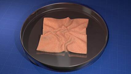 Bioprinted skin. Skin grown in laboratory. Lab grown skin. Synthetic skin. Artificial human skin in petri dish. 3d render illustration.