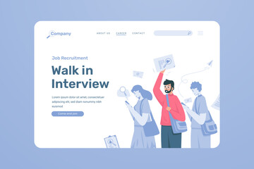 Job seekers walk in interview illustration on landing page design