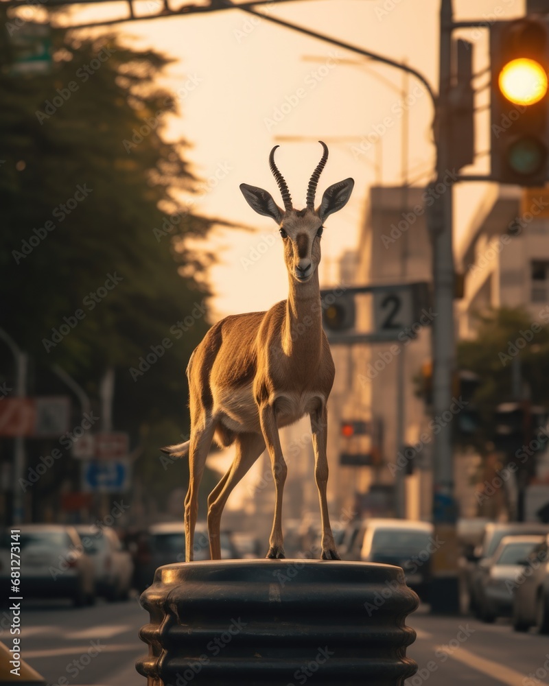 Poster A deer standing on top of a trash can on a city street. Generative AI.