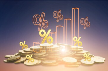 Interest rate with dividend concept. Coins with percentage symbol
