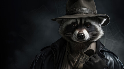 A raccoon wearing a hat and leather jacket.  Dark nuare. Generative AI. - Powered by Adobe