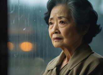 An older woman looking out a window in the rain. Generative AI.