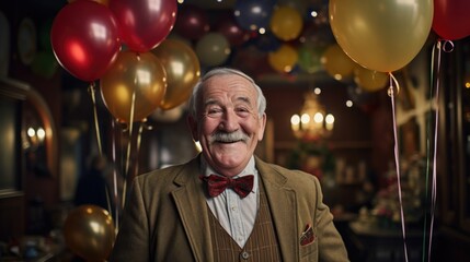 An elderly man in a suit and bow tie standing in front of a bunch of balloons. Generative AI.