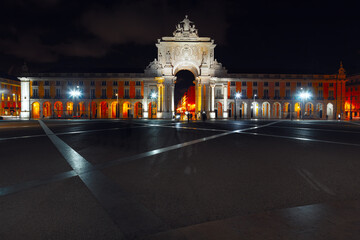 Praca do Comercio in Lisbon Portugal , Illuminated in the night . Arco da Rua Augusta in Lisboa