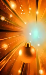 Festive holiday golden background with a hanging ball. Festive holiday background for Christmas and New Year greeting cards with copy space. AI-generated vertical digital illustration.