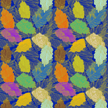 Seamless pattern of multicolored leaves on gold line leaves, dark blue background.  Autumn leaves background, vector Image.