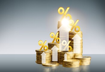 Interest rate with dividend concept. Coins with percentage symbol