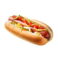 hot dog with mustard and ketchup isolated on a white background. Generative ai.