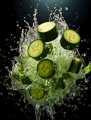 Cucumber commercial photography, with water splash photography effect, vegetable commercial photography