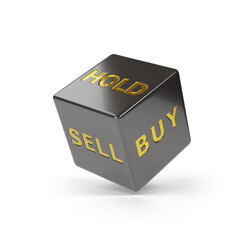 Rolling black dice with words sell, buy and hold isolated on white background. 3d illustration.