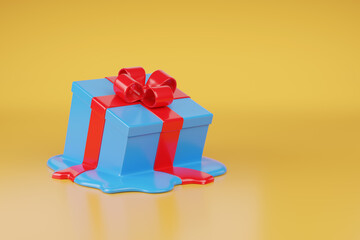 Melted gift box with bow with copy space. 3d illustration.