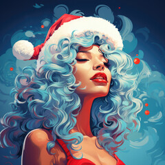 Portrait of a Santa woman with Christmas hat blissfully among clouds. Generative AI.