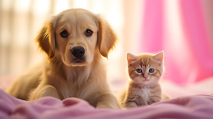 A cute dog and kitten  together on a bed, dog and cat.