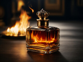 Flame perfume bottle with fire background Woody perfume emitting smoke - obrazy, fototapety, plakaty