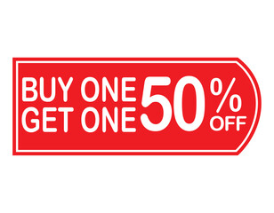 Buy 1 get 1 50% off red label sign. Buy 1 get 1 50% off red banner. Vector Illustration.