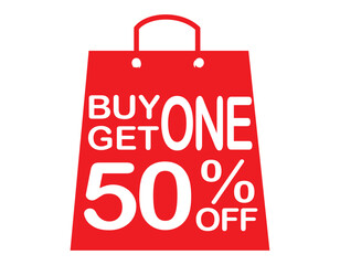 Buy 1 get 1 50% off red label sign. Buy 1 get 1 50% off red banner. Vector Illustration.