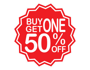 Buy 1 get 1 50% off red label sign. Buy 1 get 1 50% off red banner. Vector Illustration.