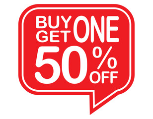 Buy 1 get 1 50% off red label sign. Buy 1 get 1 50% off red banner. Vector Illustration.