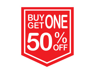 Buy 1 get 1 50% off red label sign. Buy 1 get 1 50% off red banner. Vector Illustration.