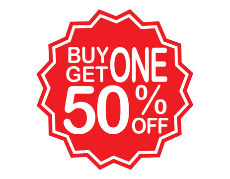 Buy 1 get 1 50% off red label sign. Buy 1 get 1 50% off red banner. Vector Illustration.