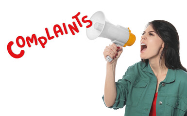 Emotional woman with megaphone on white background. Word Complaints coming out from device