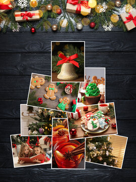 Photos of Christmas holidays on black wooden background with gift boxes and decor, flat lay