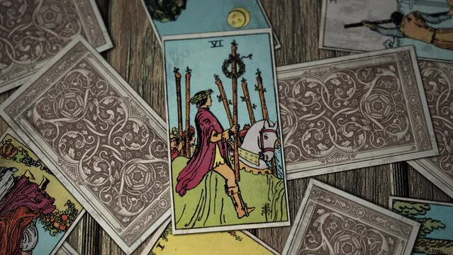 Hamburg, Germany - March 7, 1998 Six of Wands Depicts Man Riding Horse Through People Cheering Recognition Of His Fortune. Tarot Card Divinates Fortune Recognition. Recognition Of Fortune Prediction