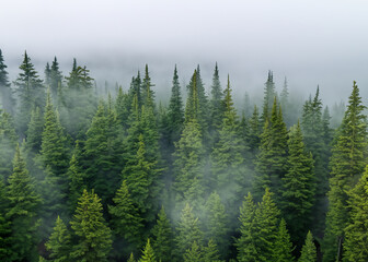 Fototapeta premium pine forest in the fog seen from the air
