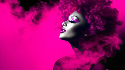 Close up portrait of profile of beautiful woman with pink curly hair, posing. Black and white face. Vivid, bold fuchsia color smoke background copy space. Concept of fashion photography or sensuality