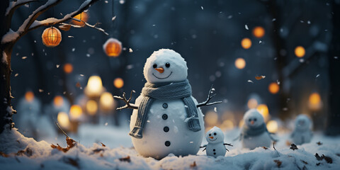 A cute snowman with little snowmen in a snowstorm. Generative AI. 