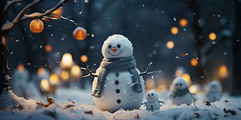 Obraz premium A cute snowman with little snowmen in a snowstorm. Generative AI. 