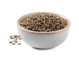Bowl of aromatic caraway (Persian cumin) seeds isolated on white