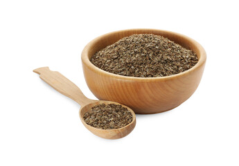 Bowl and spoon of dry dill seeds isolated on white