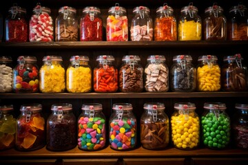 An enticing display of assorted licorice candies in a vintage candy store, featuring a variety of flavors, colors, and shapes, inviting the viewer to take a closer look - obrazy, fototapety, plakaty