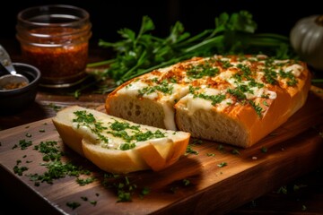 A close-up shot of freshly baked garlic bread, still warm from the oven, served on a rustic wooden table with a side of marinara sauce for dipping, garnished with fresh parsley - obrazy, fototapety, plakaty