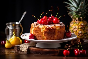 A deliciously baked pineapple cake adorned with fresh pineapple slices, maraschino cherries, and a dusting of powdered sugar, served on a rustic wooden table - obrazy, fototapety, plakaty