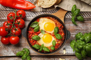 Delicious Shakshuka served on wooden table, flat lay