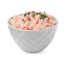 Fototapeta na wymiar Fresh raw minced meat and thyme in bowl isolated on white