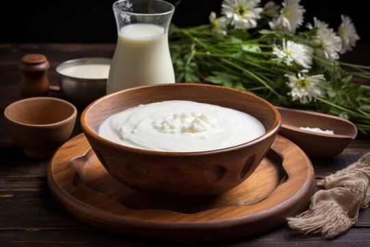 A traditional Kyrgyz bowl of Chalap, a refreshing beverage made from fermented mare's milk, yogurt, and salt, served chilled on a rustic wooden table