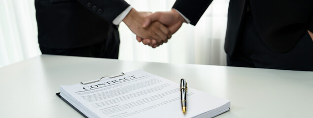 Two business executive shake hand in boardroom, sealing agreement merging two company. Handshake...