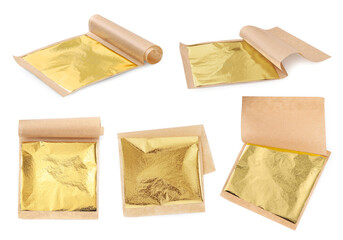 Edible gold leaf sheet isolated on white, set