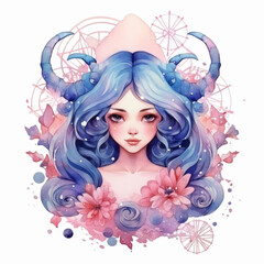 The girl in the image represents the symbol of Cancer. Beliefs, individual horoscope, analysis of characteristics of the date of birth. Cute illustrator for the zodiac watercolor and vintage style - obrazy, fototapety, plakaty