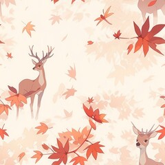 Seamless pattern with autumn leaves and deer. Vector illustration.