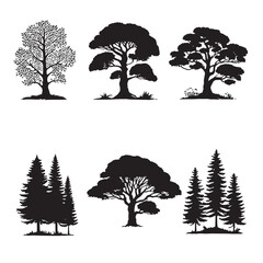 set of trees silhouettes. Isolated trees on the white background.