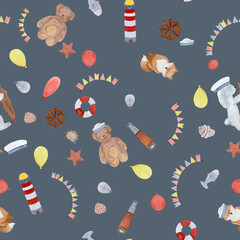Naklejka premium Watercolor sailor toys celebration pattern on grey